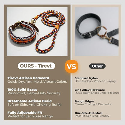 Tirevt Hand-Woven Dog Collar and Leash Set:Color-Block Design, Premium Reinforced Buckle, Adjustable Artisan Paracord for Puppies, Small, Medium & Large Dogs (Orange, XL)