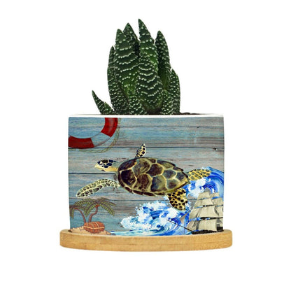 DreamAutumn Planters Ceramic Ocean Theme Sea Turtle Ceramic Pots with Drainage Holes Round Flowerpot Bamboo Tray Plant Pots for Succuelnt and Little Snake Plants Pots for Nana Mommy Grandma