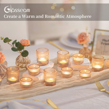 Glasseam Gold Votive Candle Holders: 8 Pcs Ribbed Glass Tealight Candle Holder Set Tea Light Holders Wedding Decorations for Reception Modern Home Decor Centerpiece Gifts
