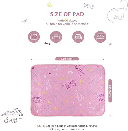 IEUUMLER Washable Pee Pads for Dogs, 2 Pack Non-Slip & Waterproof Pack Whelping Pad, Reusable Washable Puppy Potty Training Pad with Fast Absorbent for Playpen EU007 (Pink Dinosaur, 24"X18"-2pcs)