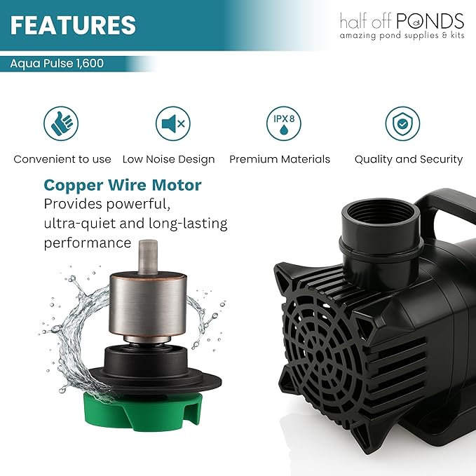 HALF OFF PONDS Submersible Water Pump, 1,600 GPH Pond Pump with 33FT Power Cord and 18FT Max Head, 156W Ultra Quiet Energy Efficient Pump for Koi Pond, Fountain, Waterfall, Water Garden, Skimmer