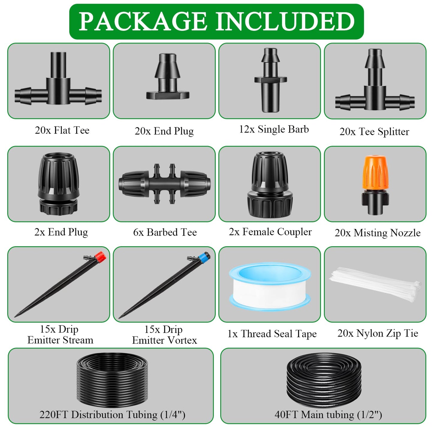 260FT Drip Irrigation System Kit, Automatic Drip Irrigation Kit with 1/2 inch Hose 1/4 inch Distribution Tubing and Accessories for Greenhouse, Yard, Lawn