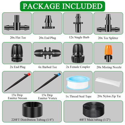 260FT Drip Irrigation System Kit, Automatic Drip Irrigation Kit with 1/2 inch Hose 1/4 inch Distribution Tubing and Accessories for Greenhouse, Yard, Lawn
