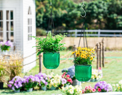 Melphoe 2 Pack Self Watering Hanging Planters Indoor Flower Pots, 5.3 Inch Outdoor Hanging Basket, Plant Hanger with 3Hooks Drainage Holes for Garden Home (Emerald)