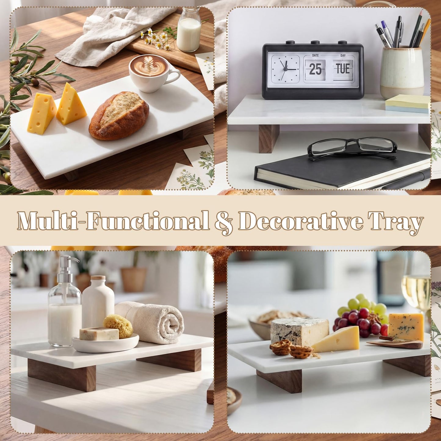 Yiyiring Marble Charcuterie Board Display White Cheese Cutting Footed Stand Tray with Wooden Feet 15.75"L x 8" W x 2.5" H for Vanity, Kitchen and Serving, or as a Gatherings Elegant Cheese Board Gift