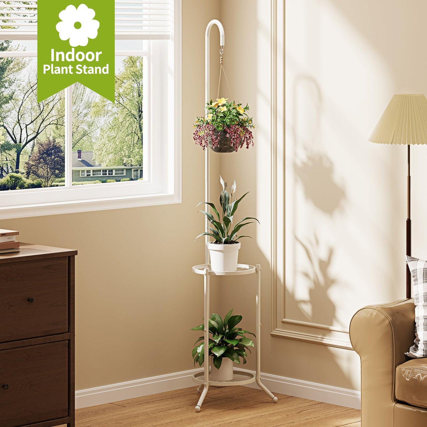 Plant Stand with Hooks Indoor Outdoor Corner Tall Plant Stand Heavy-Duty Metal 3-Tier Plant Shelf Holder Rack for Patio Garden Balcony Living Room Bedroom(semicircular White)