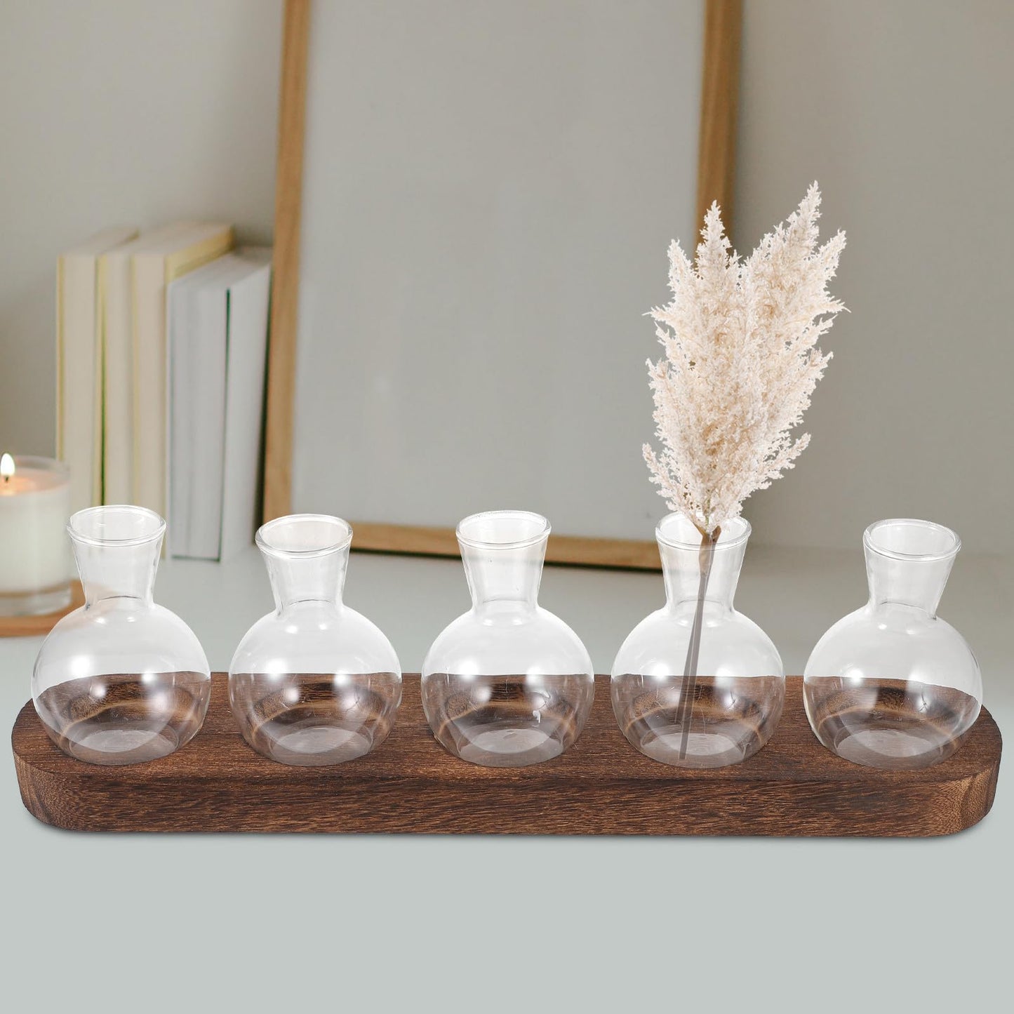 Toyvian Glass Plant Vase Set with Wooden Base, Hydroponic Terrarium for Indoor Greenery, Desktop Decorative Flower Vases for Office and Living Room (3 Bottles + 5 Bottles)