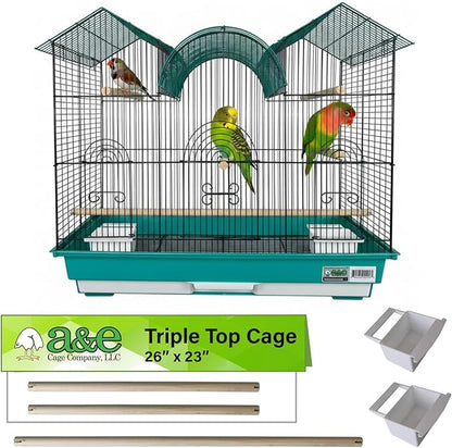 A&E Cage Co AE2614TT SP Blue Triple Top Bird Cage – 26" x 14" x 23" Decorative Small Bird Cage – Includes 2 Feeder Stations, 3 Wood Perches, Slide-Out Tray & Carry Handle (Teal)