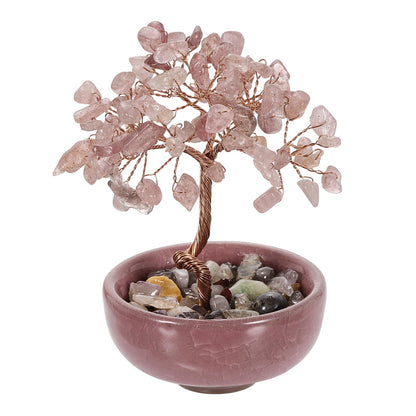 MECCANIXITY 7 Chakra Crystal Tree of Life, Natural Strawberry Crystal Gemstone Tree Handmade Feng Shui Bonsai with Agate Base for Positive Energy, Good Luck, Home Decor (4 x 2.4 Inch Pink)