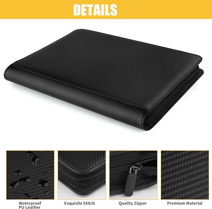360 Cards Ringless 9-Pocket Side Loading Trading Card Binder, PU Zipper Fixed Page Card Album for TCG Sports Cards, Not Fit Top Loaders (Carbon Black)