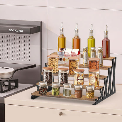 KALYLOC 5 Tier Wooden Display Riser Stand 13.8 Inch Metal Step Perfume Stand Organizer Tabletop Tiered Display Shelf Rack for Cologne Cupcake Spice Figures Cosmetics Candles (Brown, X-Shape)