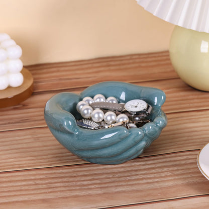 oliruim Ceramic Hands Bowl Dish Sculpture, Giving Hands Candy Holder for Succulent Planter, Crystal Rock Holder, Office, Keys Bowl for Entryway Table (Blue)