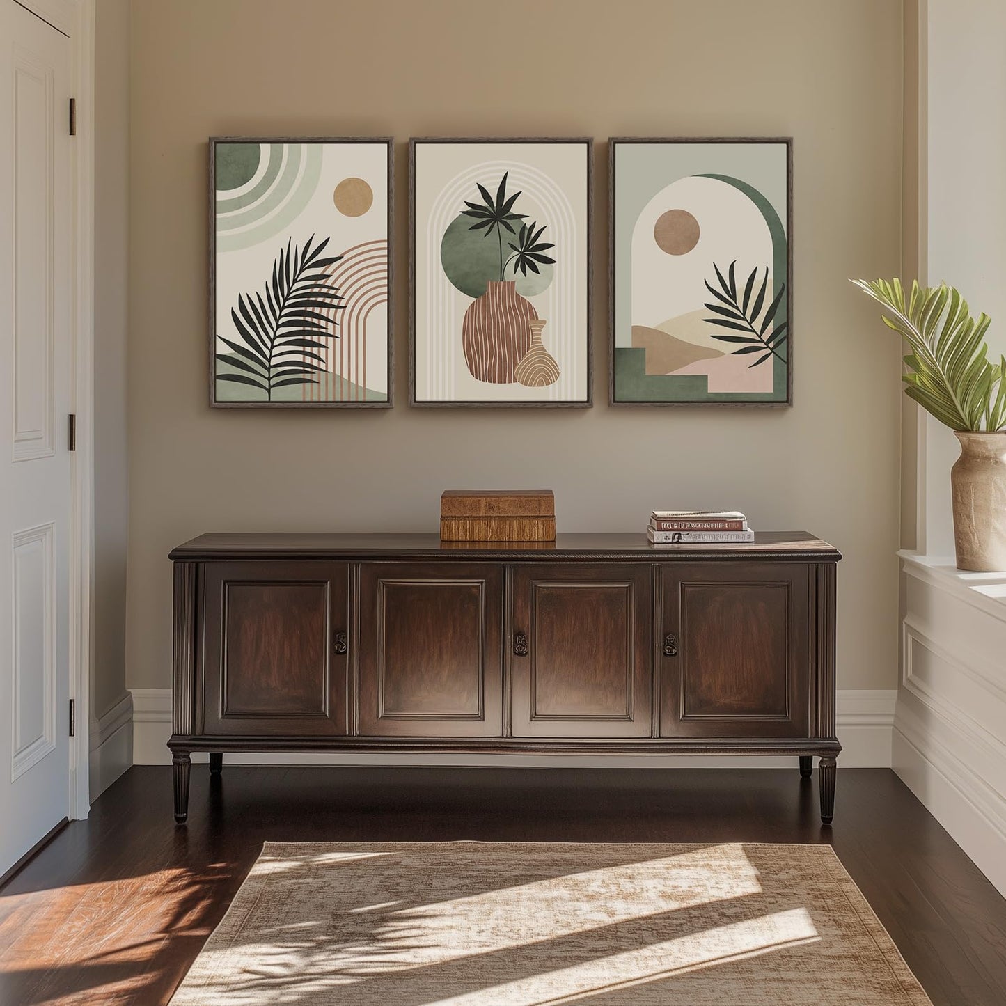 Framed Boho Sage Green Wall Art for Living Room, Large Mid Century Modern Tropical Leaf Canvas Artwork for Walls, 3 Piece Beige Orange Bohemian Wall Art Prints for Bedroom Kitchen Hallway, 16x24 Inch