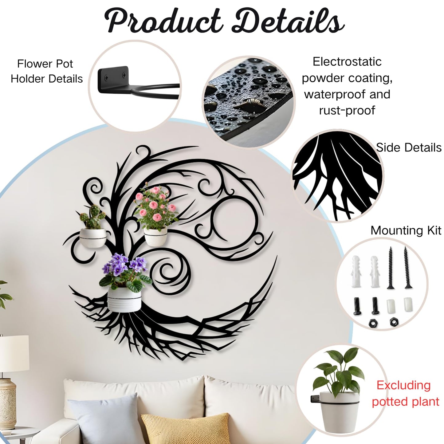 Tree of Life Metal Plant Wall Holders, Metal Tree Wall Mounted Plant Holder, Branch Hanging Planters for Living Room, Kitchen, Fireplace (Gold, 35"x 35"| 90x90cm, 3 Pack 5" Flower Pot Holder Ring)