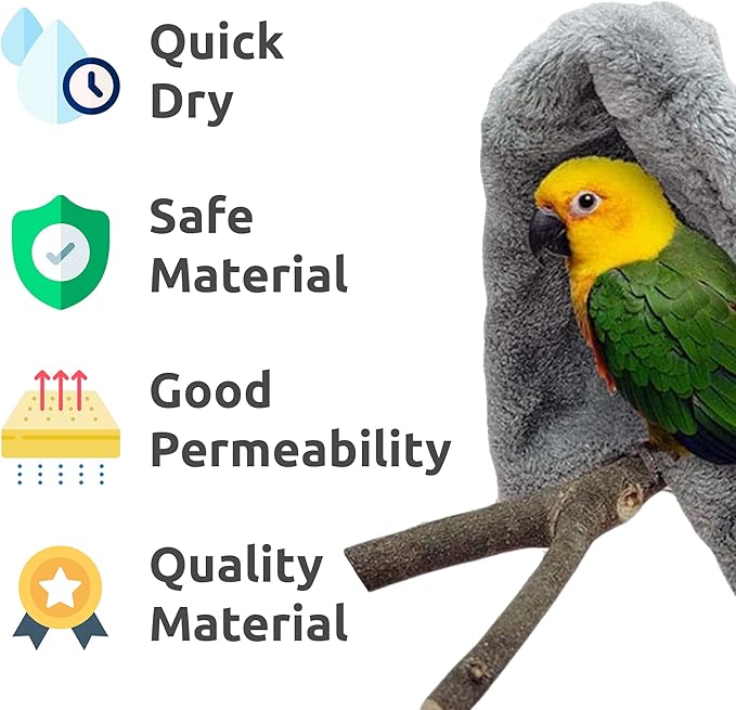 SIMENA Bird Blanket for Cage, Corner Fleece Bed for Birds, Cozy Bird Warmer, Parrot House for Cage, Cuddle Nest Hanging Toy for Lovebirds Parakeet (Grey, Medium)