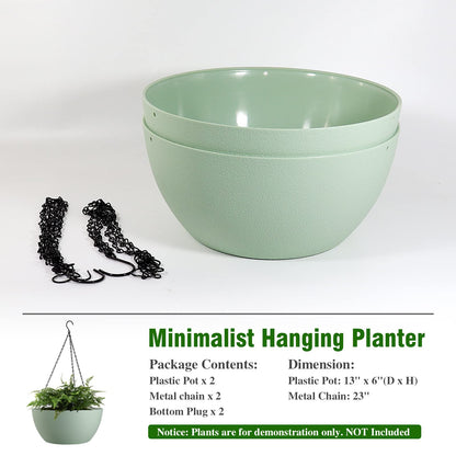 WOUSIWER 13 inch 2 Pack Large Hanging Planters for Indoor Outdoor Plants with Drainage Holes and Chain, Round Hanging Flower Pots for Garden Home Porch Decor, Green