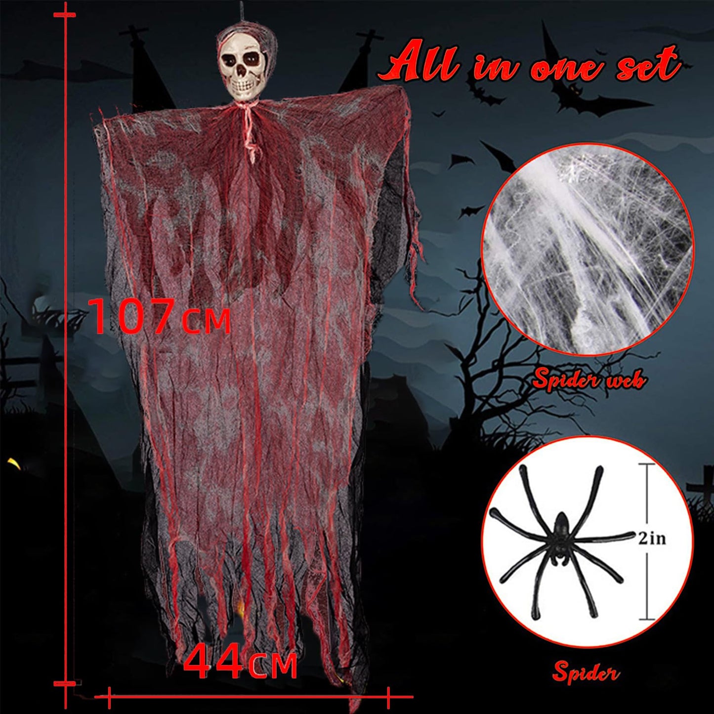 43" Halloween Hanging Ghost Decorations Outdoor with Spider Web&20 Spiders, Halloween Scary Flying Skeleton Ghost Decor for Haunted House Party Outside Indoor