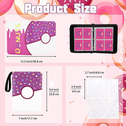 4 Pocket Card Binder 400 Card Holder Album, Pink Donut Trading Cards Holder Zipper Binder for Girl Teen Collection (Purple Donut, 400 Pocket)