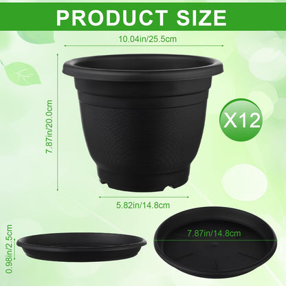 Sunnychicc 12 Pack 10'' Plastic Plant Pots Round Planter Pots with Saucer Tray Seedling Pot Hole Seed Resin Plant Pot Starting Nursery Flower Container with Pallet for Garden Outdoor Indoor(Black)