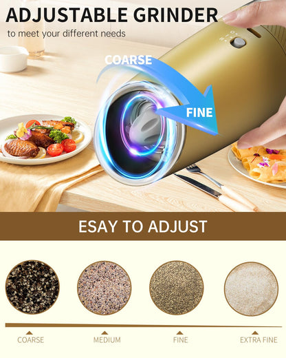 CIRCLE JOY 2-Speed Gravity Electric Pepper Grinder, Rechargeable Salt Grinder Pepper Mills, Adjustable Coarseness, White LED Light, 135ML Large Capacity, Gold
