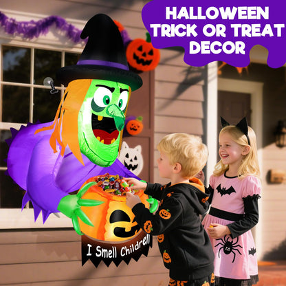 4 Ft Halloween Inflatables Decorations Outdoor Witch Broke Out from Window Blow Up Scary Holding Pumpkin Candy Bucket Build-in LED Halloween Decorations Party Indoor Outside Yard Garden Lawn