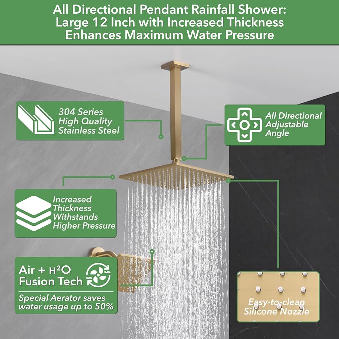 VANFOXLE Brushed Gold Shower System, Push Button Pressure Balance Shower Valve, Ceiling Mount Thick 12" Shower Head, 6" Shower Head, 2-in-1 Handheld, High Pessure Self-Cleaning for Modern Bathroom