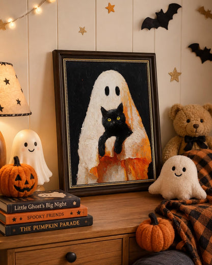 Ghost and Black Cat Wall Art 9x11, Dark Brown Framed Canvas Print, Cute Spooky Ghost Holding Cat Picture, Halloween Room Decor for Cat Lovers