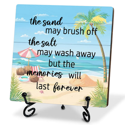 Beach Wooden Sign Desk & Shelf Decor Plaque – "The Sand The Salt" Room Accent with Stand – Coastal Summer Decorations for Home Office, Beachy Room, Bathroom – Beach Gifts for Women, Vacation Gift