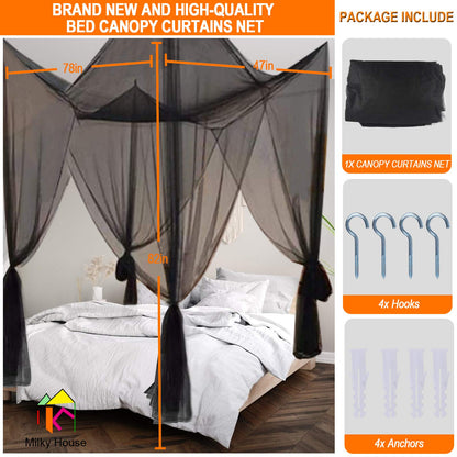 Mesh Bed Canopy Black Canopy Bed Frame Queen Canopy Bed Tents for Girls Canopy Poles for Toddler Bed, King Twin Full Size Canopy Bed for Adults Bedroom Kids Room Camping Lights Screen Netting Curtains