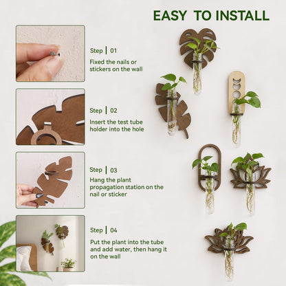 Artilady Plant Propagation Station 2 Pack Wall Hanging Plant Terrarium Holder with Test Tube Wood Window Planter Indoor Decor for Living Room Bedroom Kitchen (Leaves)