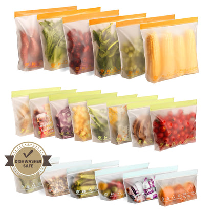 24 Pack Reusable Food Storage Bags,Leakproof Freezer Bags BPA Free Stand Up Sandwich Bags for Lunch Salad Fruit Travel,Dishwasher Safe(8 Gallon,8 Sandwich,8 Snack)
