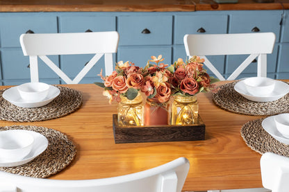 Mkono Mason Jar Lights Centerpiece Table Decor for Dining Room Farmhouse Wood Tray with 3 Jars Flowers Fall Decoration for Coffee Table Kitchen Living Room Wedding