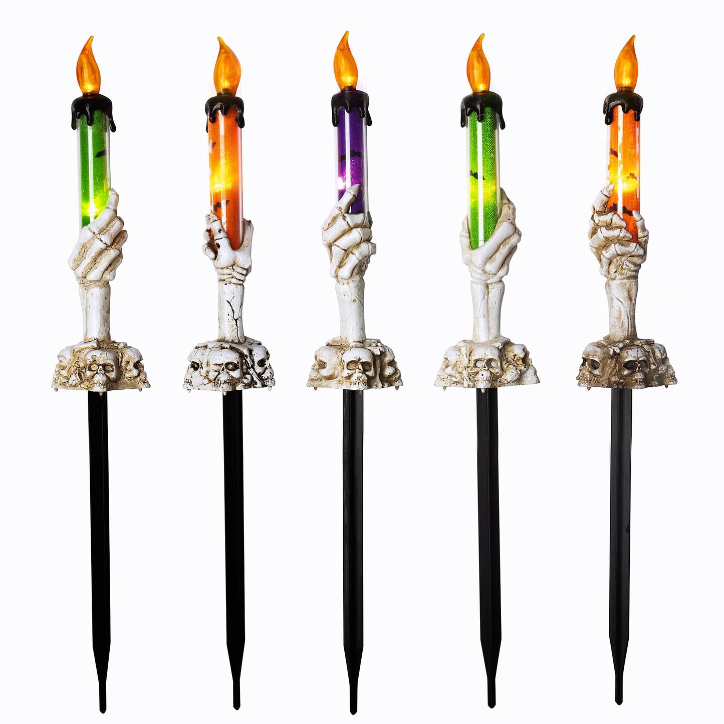 WATERGLIDE Halloween Candle Light Stakes, 5 Pack Skeleton Hands Hold Lighted Candle Pathway Makers, Waterproof Battery Operated with Timer, Light Up Figurine for Indoor Outdoor Holiday Party
