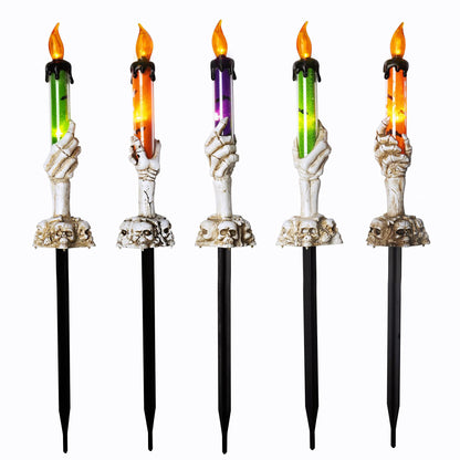 WATERGLIDE Halloween Candle Light Stakes, 5 Pack Skeleton Hands Hold Lighted Candle Pathway Makers, Waterproof Battery Operated with Timer, Light Up Figurine for Indoor Outdoor Holiday Party