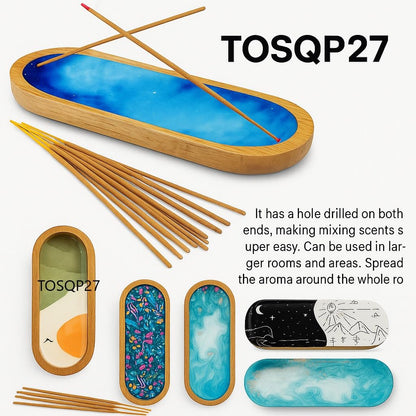 TOSQP27 Incense Burner Holder Ash Catcher for Sticks, Home Incent Burner Wooden Handmade Modern Gift Wood Decor – Blue Resin Art Tray | for Aromatherapy, Meditation, Yoga & Home Fragrance Decorative