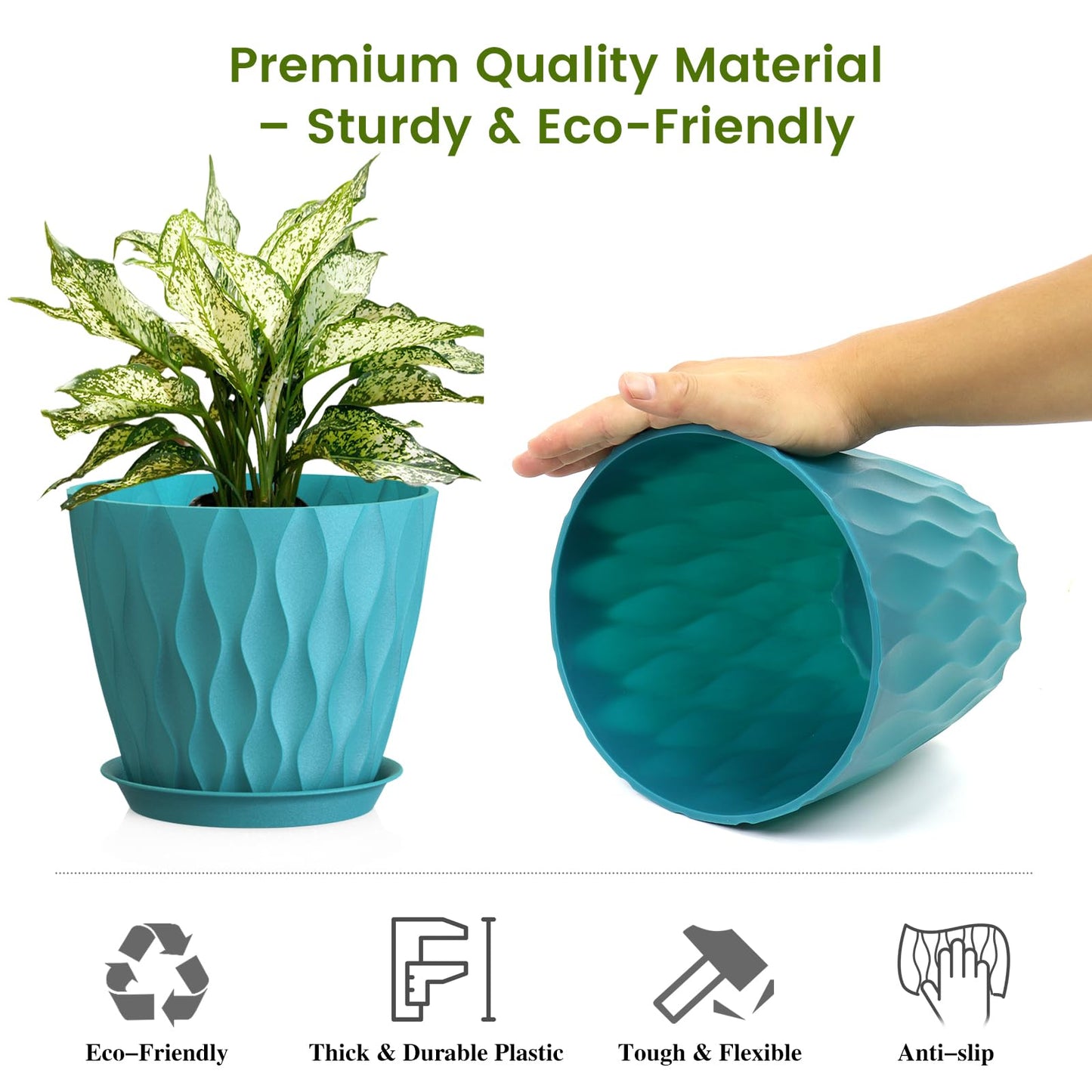 UOUZ 8 Inch Plant Pots, 4 Pack Plastic Planters for Indoor Outdoor with Drainage Holes & Saucers, Waffle Texture Flower Pots for Indoor Plants, Indoor Plant Pots for Monstera, Fiddle Leaf Fig Blue