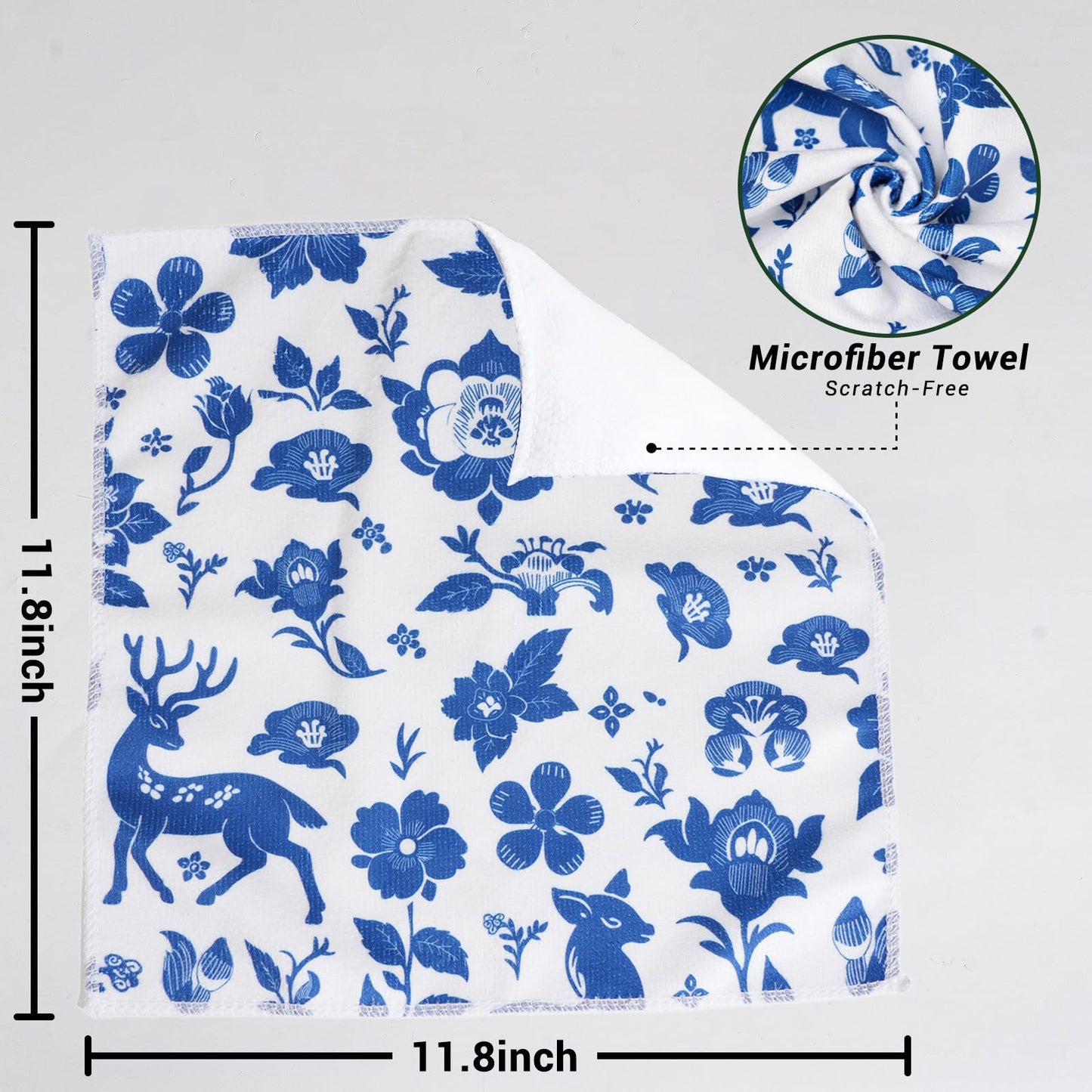 YUA Microfiber Cleaning Cloth 12 Pack,Microfiber Towels Cleaning,Microfiber Towels for Cars,Absorbent Dish Washing Cloth,Reusable Cleaning Cloths Lint Free (Blue Floral Deer)
