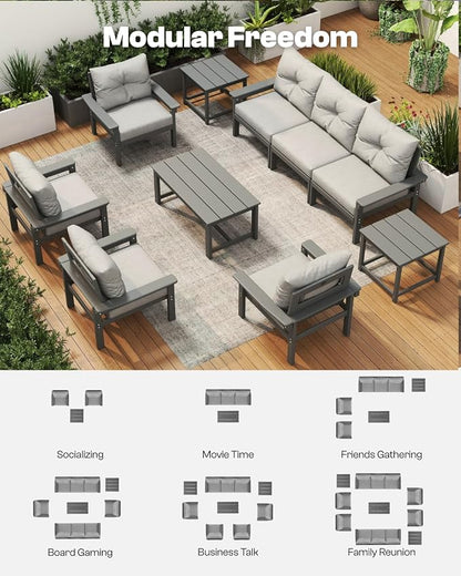HDPE Outdoor Patio Furniture Set, 10-Piece Patio Conversation Set with 3-Seat Sofa, 4 Armchairs, 2 Side Tables & 1 Coffee Table, All-Weather Outdoor Sofa Set for Deck, Porch, Garden (Grey Frame)