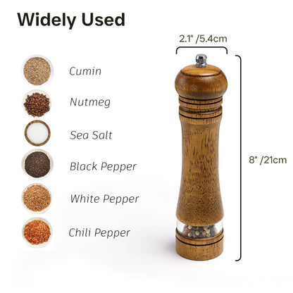 M JINGMEI Wood Salt and Pepper Grinder, Salt Grinder and Pepper Mill, Oak Wood Shakers with Adjustable Ceramic Grinders - 8 inches, 1 Pack