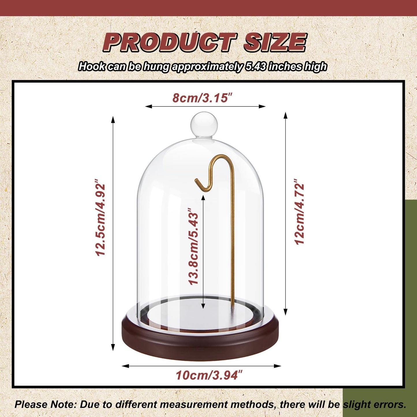 Beeveer 2 Pcs Clear Pocket Watch Glass Display with Hooks Dome Cloche with Wood Base Christmas Decorative Showcase for Watch Plants Medals Photos Collectibles(Reddish Brown,3" X 5",Heading Style)