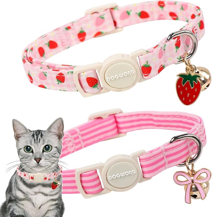 2 Pack Pink Cat Collars - Spring Summer Strawberry Breakaway Cat Collar with Bell, Adjustable Cute Pink Striped Kitten Collars for Girl Cats, 7-12 Inch