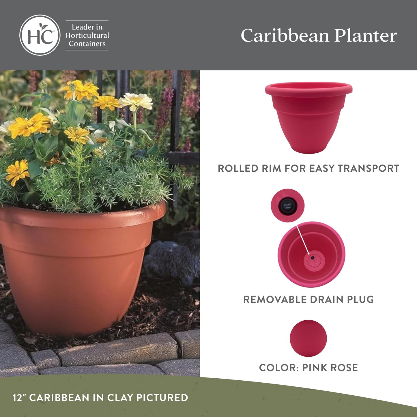 The HC Companies Caribbean Planter Pot - Outdoor & Indoor Plant Pot with Drainage Hole & Plug - Rolled Rim Plastic Pots for Plants & Flowers - Decorative Plant Pot (14" Pink Rose, Pack of 1)