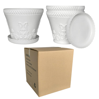 OUMUHE 11.4 Inch Plastic Planters with Drainage and Saucers, Set of 3, Decorative Flower Pots for Indoor Outdoor Use, Available in Terracotta & White (White)