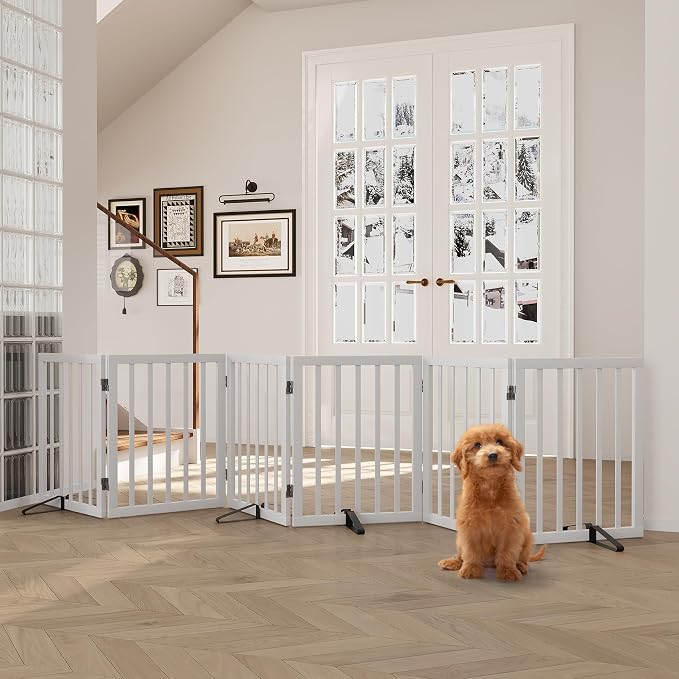 Semiocthome Wood Dog Gates for The House Extra Wide, 6-Panel Freestanding Pet Gates with 4PCS Metal Stands for Doorways and Stairs, 24" H Foldable Dog Fences Indoor, Expands Up to 110" (W)- White