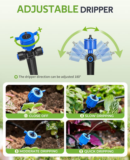 HIRALIY 100FT Pressure Compensated Drip Irrigation System with Timer, No-Leak Quick Connect Automatic Watering System, 24 Adjustable Emitters for Uniform Flow, Garden, Patio, Raised Bed