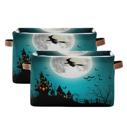 AUUXVA Storage Basket Halloween Witch Moon Castle Storage Cube Box Durable Canvas Collapsible Toy Basket Organizer Bin with Handles for Shelf Closet Bedroom Home Office