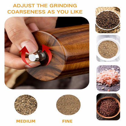 Wooden Salt and Pepper Grinder Set with Tray, 8 Inch Manual Mills, Adjustable Coarseness & Refillable, Gold Bottle Label, Natural Wood for Kitchen, Home, Christmas Gift