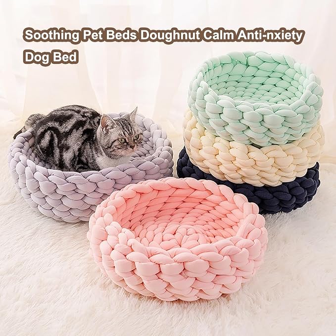 Woven Dog Bed Basket, Knitted Cotton Cat Bed Round Washable Woven Cat Pet Bed Chunky Dog Basket, Orthopedic, Chunky Knit Dog Nest,Dog Bed,Dog Cave,Dog Bedding(Yellow,17")