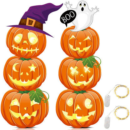 Jetec 2 Pcs 44 Inch Outdoor Halloween Decorations Light up Pumpkin Yard Stakes Plastic Stacked Pumpkin Witches Hat Boo Ghost Stake Sign with LED String Lights for Outside Home Lawn Pathway Party