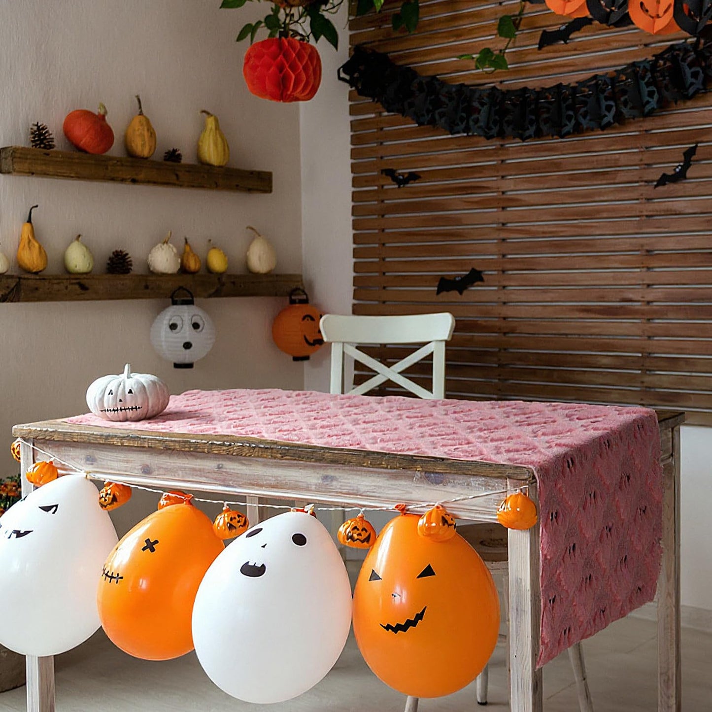 Reallnaive Pink Ghosts Halloween Table Runner Fall Kitchen Dining Runners Halloween Table Decorations for Indoor Outdoor Home Party Decor, 13 x 72 Inch